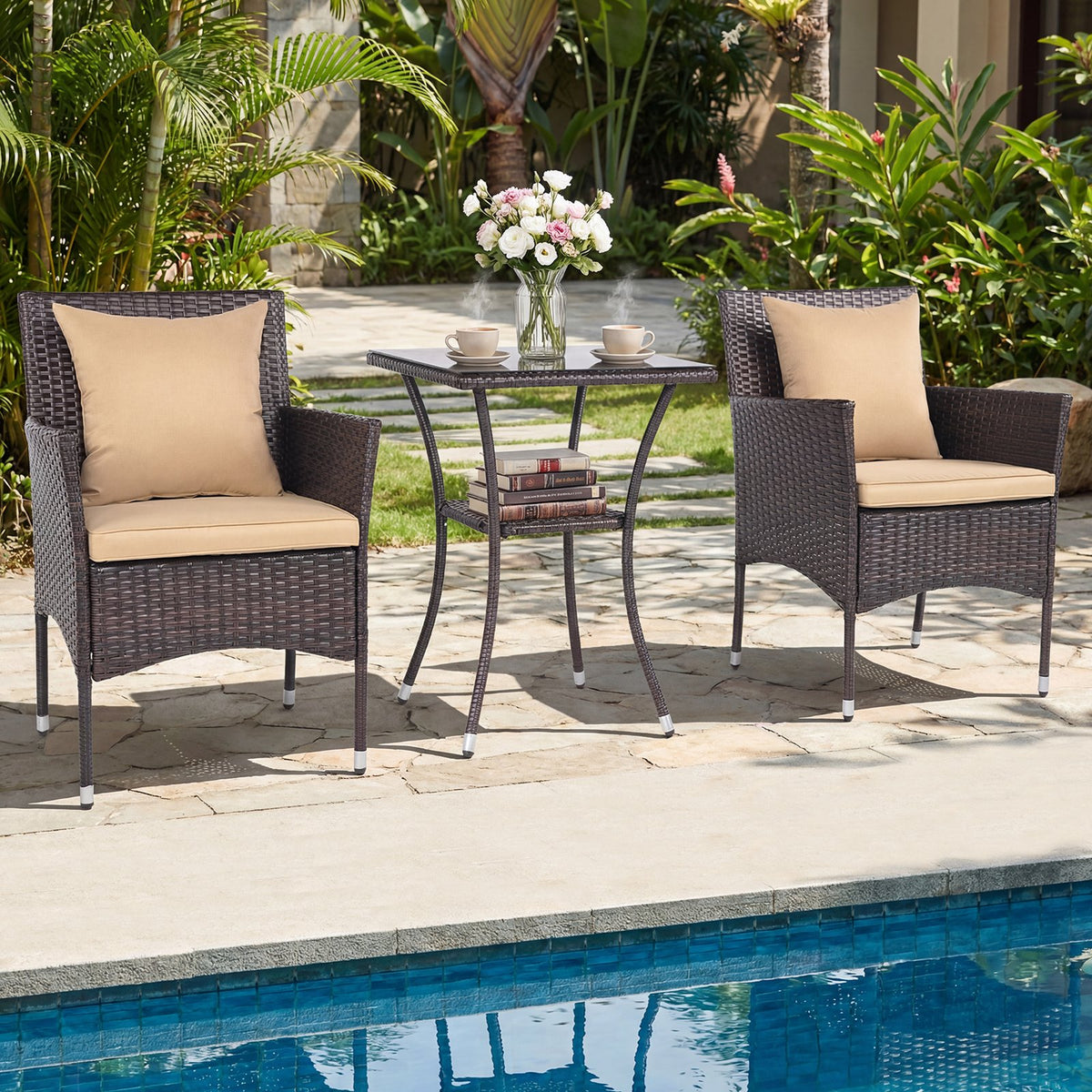 3 Pieces Patio Furniture Set with Cushioned Patio Chairs and Tempered Glass Coffee Table-Brown view 2