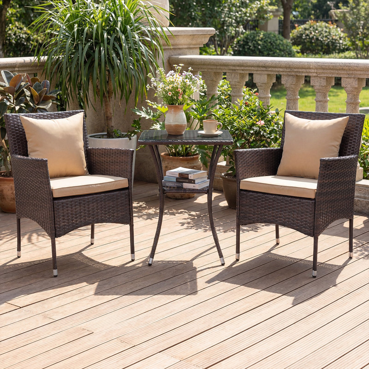 3 Pieces Patio Furniture Set with Cushioned Patio Chairs and Tempered Glass Coffee Table-Brown view 3