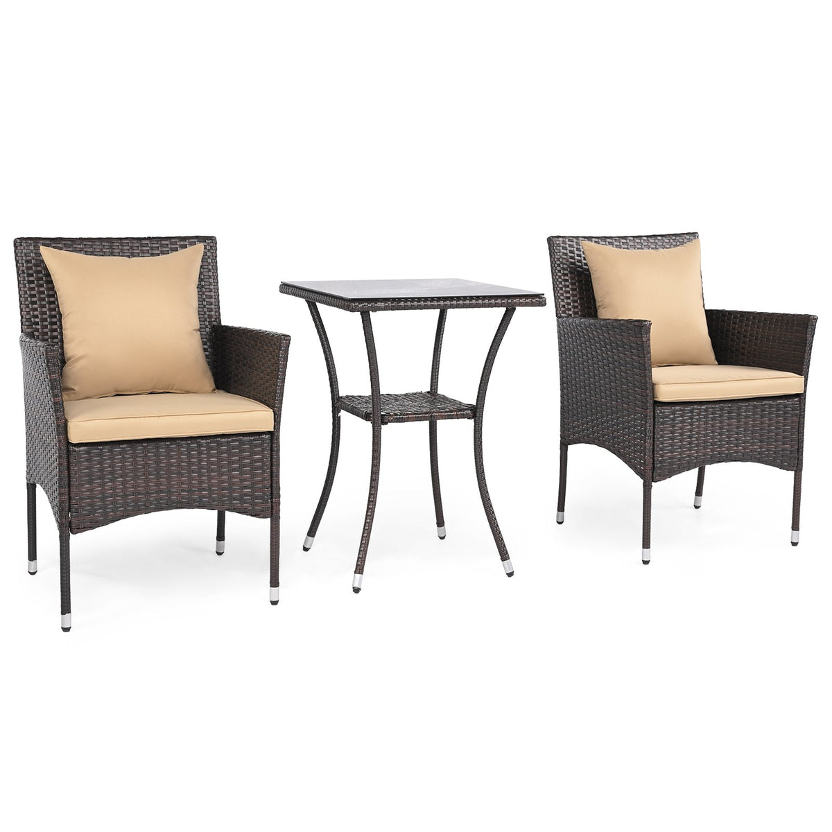 3 Pieces Patio Furniture Set with Cushioned Patio Chairs and Tempered Glass Coffee Table-Brown view 4