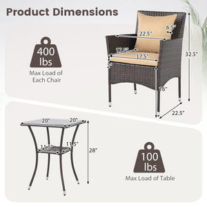 3 Pieces Patio Furniture Set with Cushioned Patio Chairs and Tempered Glass Coffee Table-Brown view 5