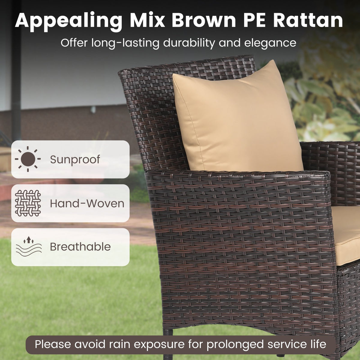 3 Pieces Patio Furniture Set with Cushioned Patio Chairs and Tempered Glass Coffee Table-Brown view 7
