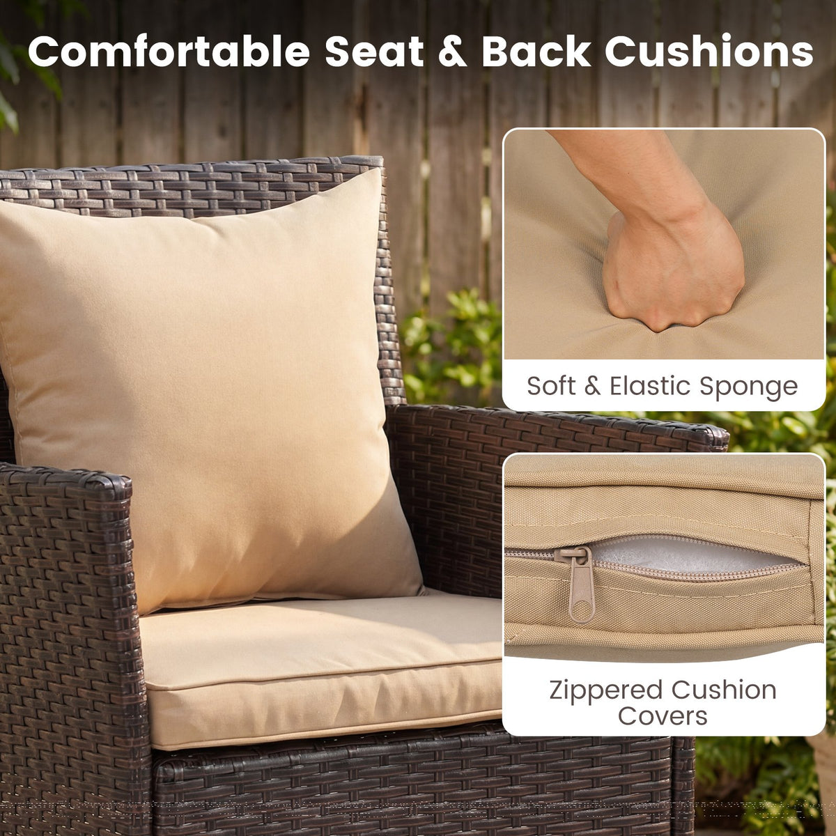 3 Pieces Patio Furniture Set with Cushioned Patio Chairs and Tempered Glass Coffee Table-Brown view 9