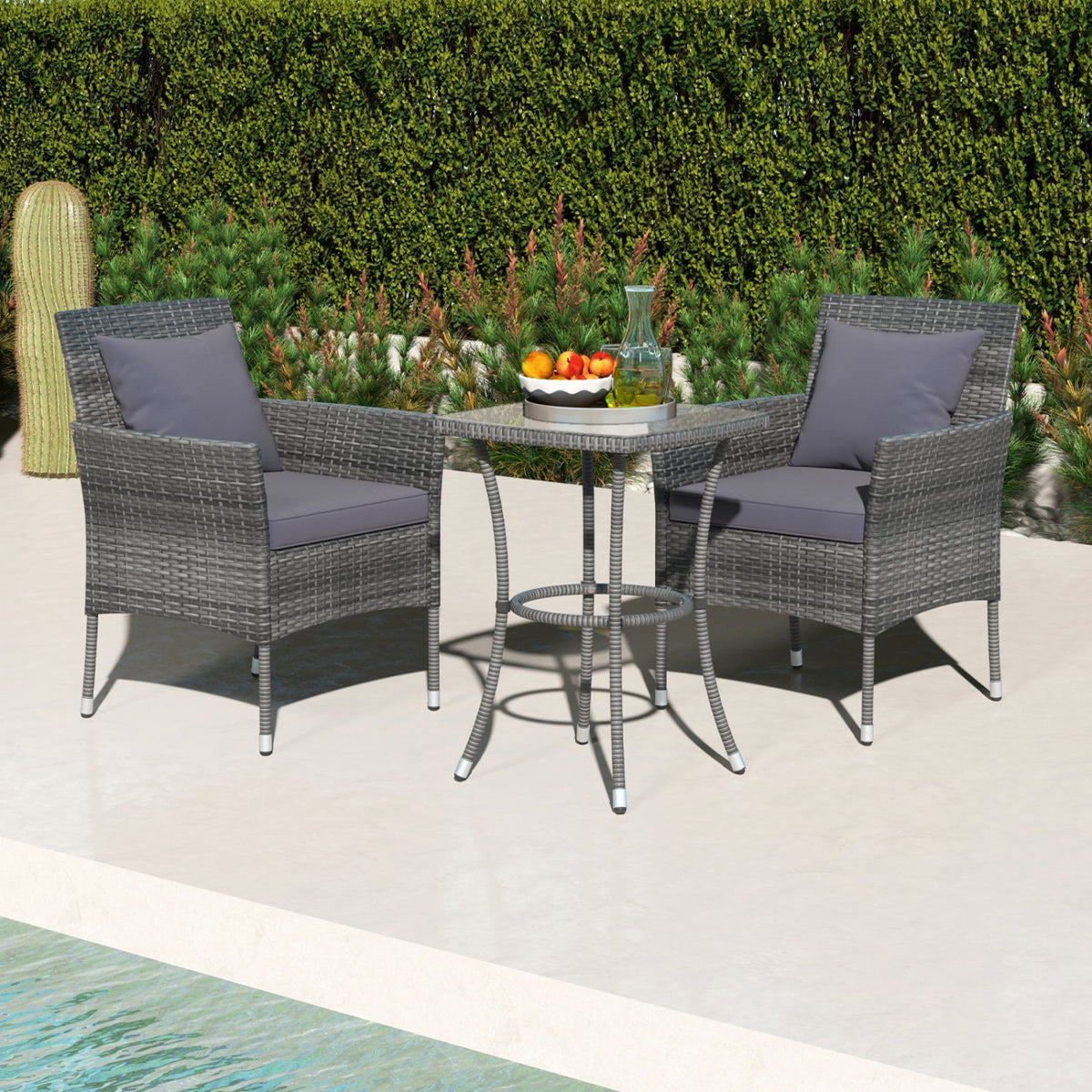 3 Pieces Patio Furniture Set with Cushioned Patio Chairs and Tempered Glass Coffee Table-Gray view 3