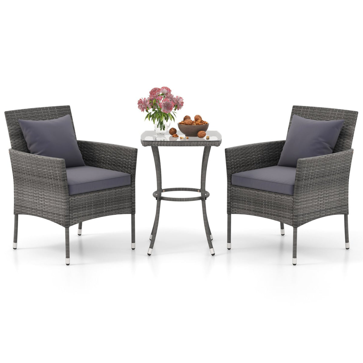 3 Pieces Patio Furniture Set with Cushioned Patio Chairs and Tempered Glass Coffee Table-Gray view 4