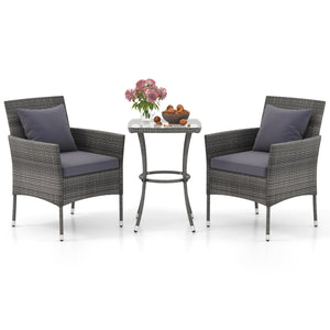 3 Pieces Patio Furniture Set with Cushioned Patio Chairs and Tempered Glass Coffee Table-Gray view 4