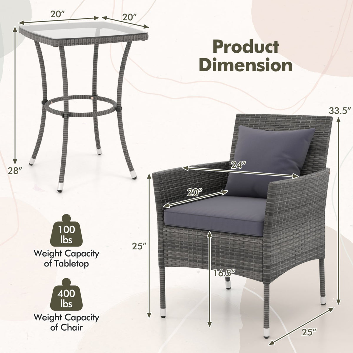 3 Pieces Patio Furniture Set with Cushioned Patio Chairs and Tempered Glass Coffee Table-Gray view 5