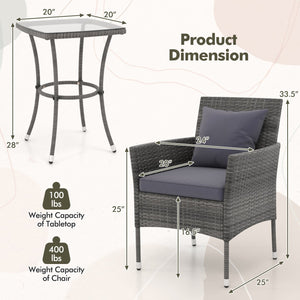 3 Pieces Patio Furniture Set with Cushioned Patio Chairs and Tempered Glass Coffee Table-Gray view 5