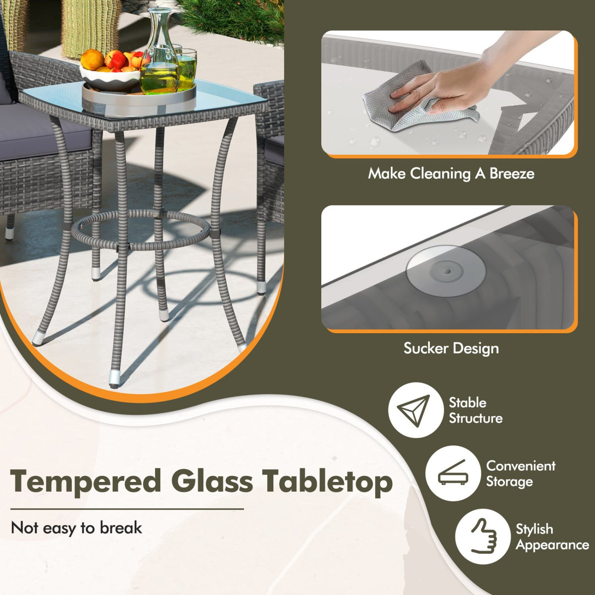 3 Pieces Patio Furniture Set with Cushioned Patio Chairs and Tempered Glass Coffee Table-Gray view 8