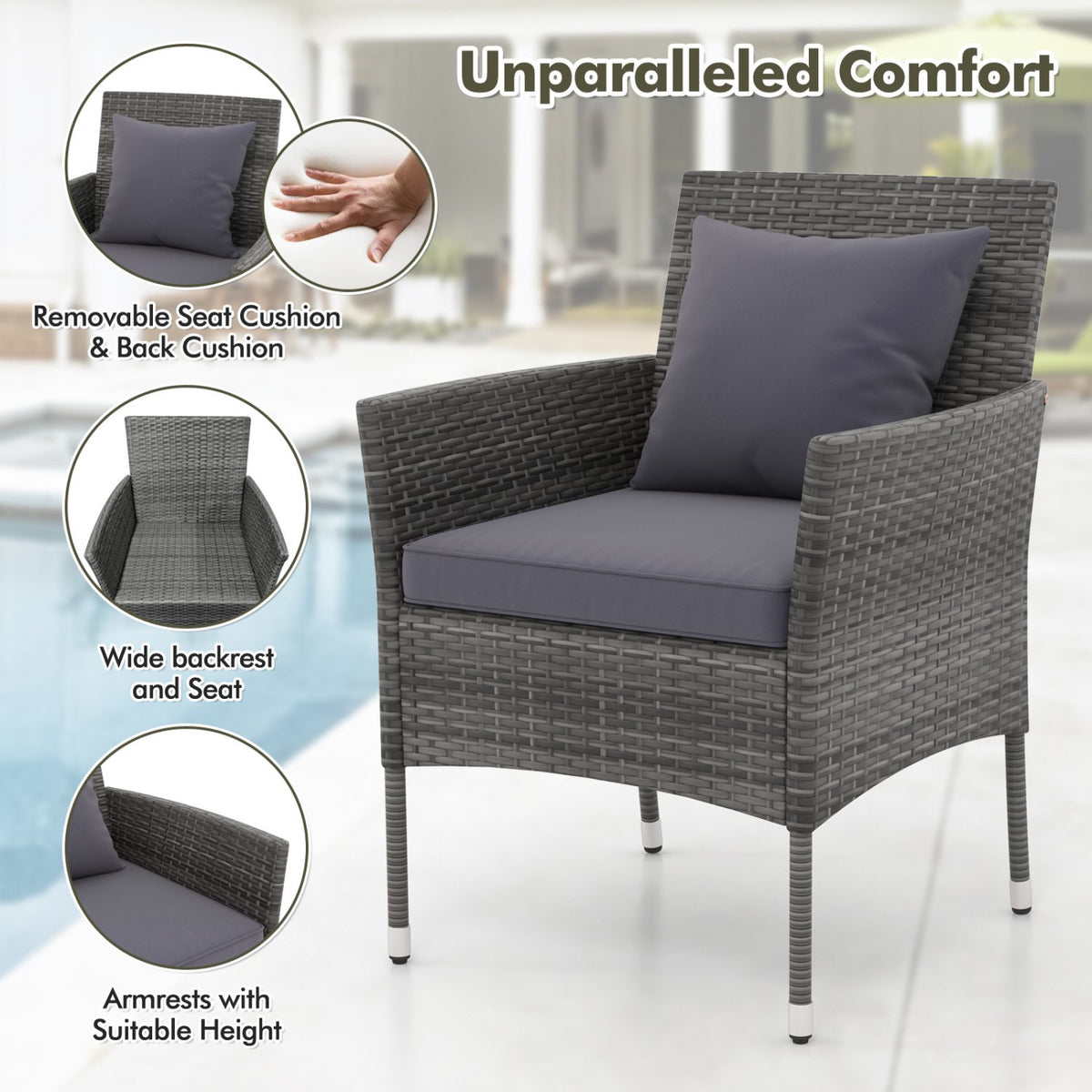 3 Pieces Patio Furniture Set with Cushioned Patio Chairs and Tempered Glass Coffee Table-Gray view 9