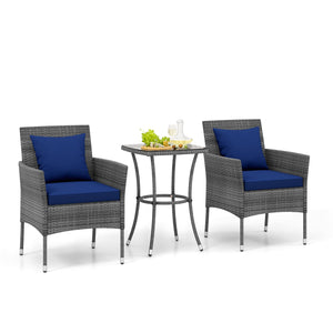 3 Pieces Patio Furniture Set with Cushioned Patio Chairs and Tempered Glass Coffee Table-Navy