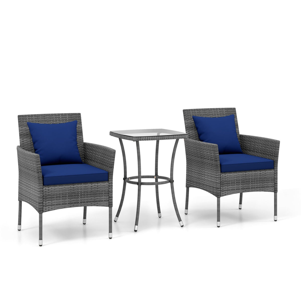 3 Pieces Patio Furniture Set with Cushioned Patio Chairs and Tempered Glass Coffee Table-Navy view 4