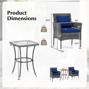 3 Pieces Patio Furniture Set with Cushioned Patio Chairs and Tempered Glass Coffee Table-Navy view 5