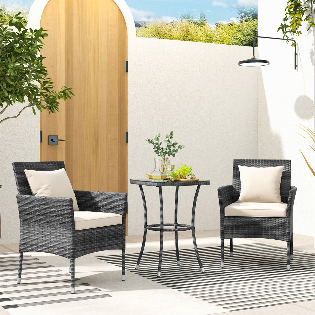 3 Pieces Patio Furniture Set with Cushioned Patio Chairs and Tempered Glass Coffee Table-White view 2