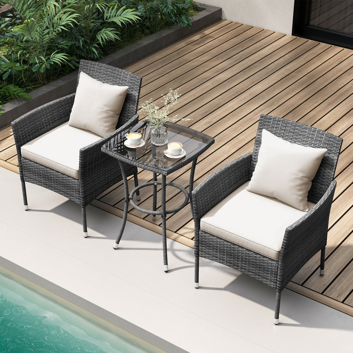 3 Pieces Patio Furniture Set with Cushioned Patio Chairs and Tempered Glass Coffee Table-White view 3