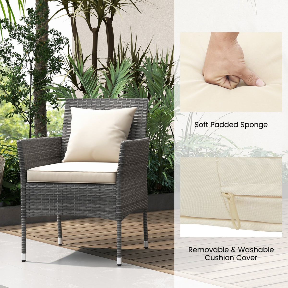 3 Pieces Patio Furniture Set with Cushioned Patio Chairs and Tempered Glass Coffee Table-White view 8
