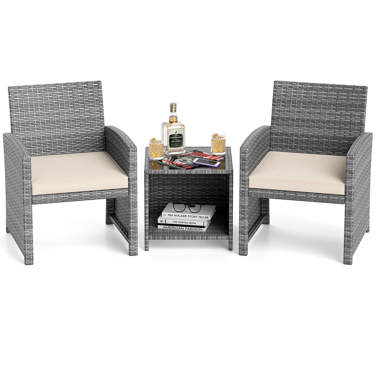 3 Pieces Patio Furniture Set with Tempered Glass Coffee Table and Soft Seat Cushions-White