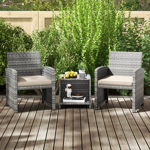 3 Pieces Patio Furniture Set with Tempered Glass Coffee Table and Soft Seat Cushions-White view 2