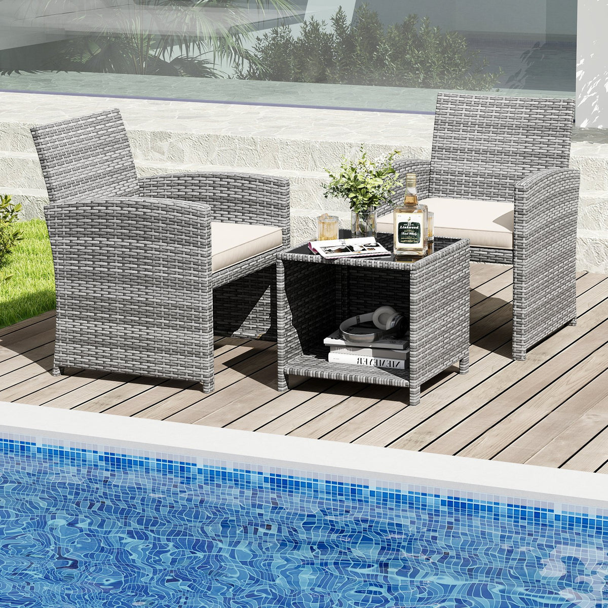 3 Pieces Patio Furniture Set with Tempered Glass Coffee Table and Soft Seat Cushions-White view 3