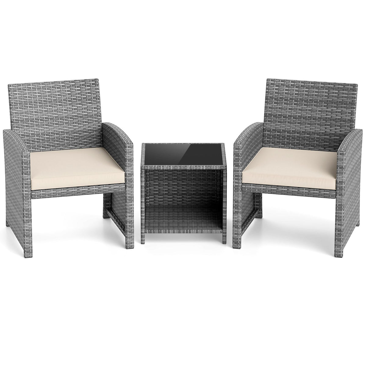 3 Pieces Patio Furniture Set with Tempered Glass Coffee Table and Soft Seat Cushions-White view 4