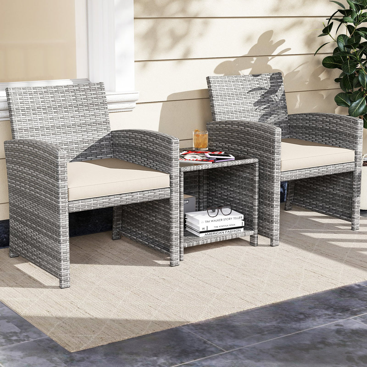 3 Pieces Patio Furniture Set with Tempered Glass Coffee Table and Soft Seat Cushions-White view 6