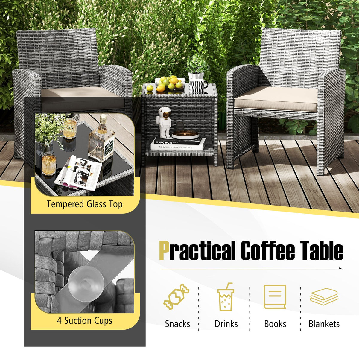 3 Pieces Patio Furniture Set with Tempered Glass Coffee Table and Soft Seat Cushions-White view 7