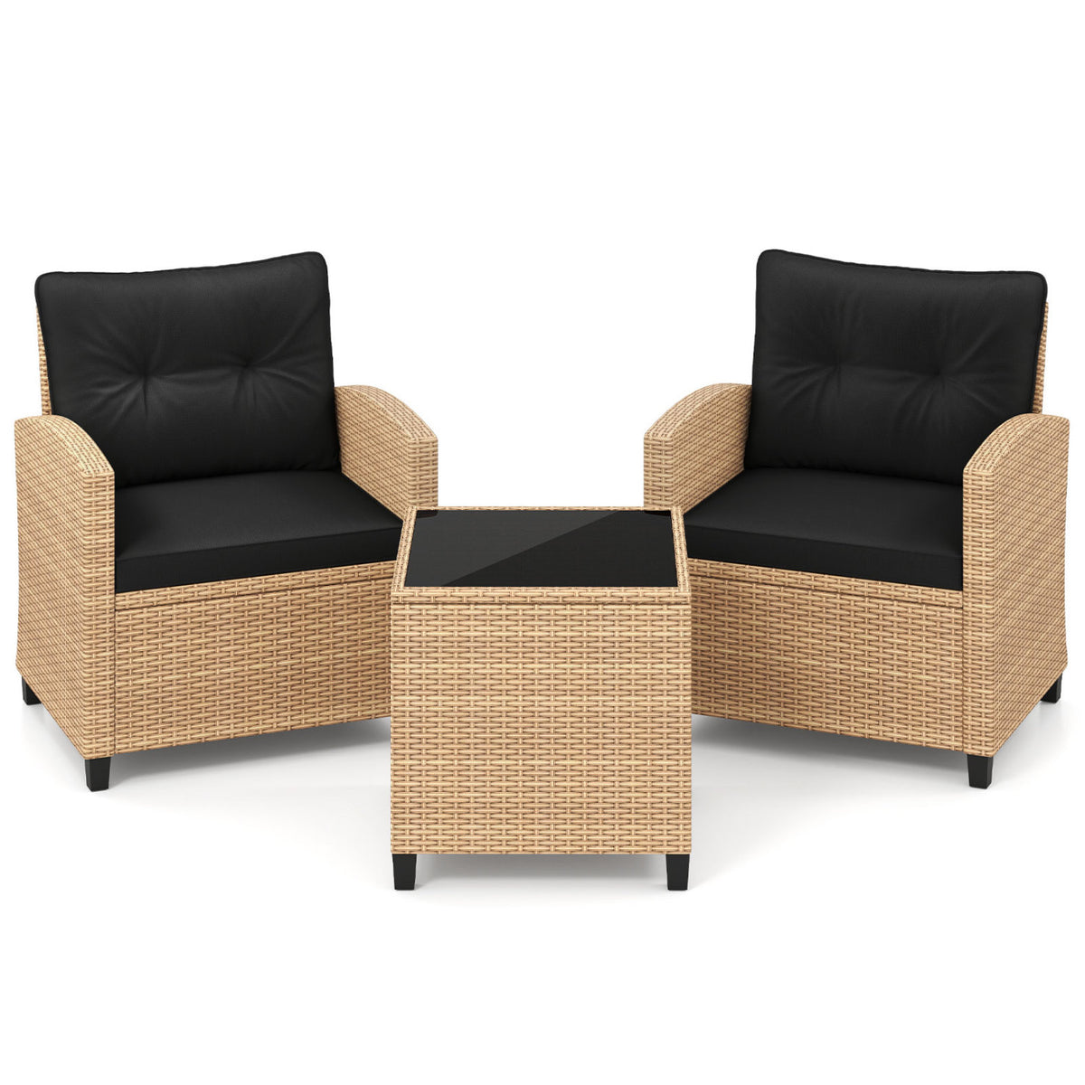 3 Pieces Patio Furniture Set with Tempered Glass Coffee Table-Tan & Black