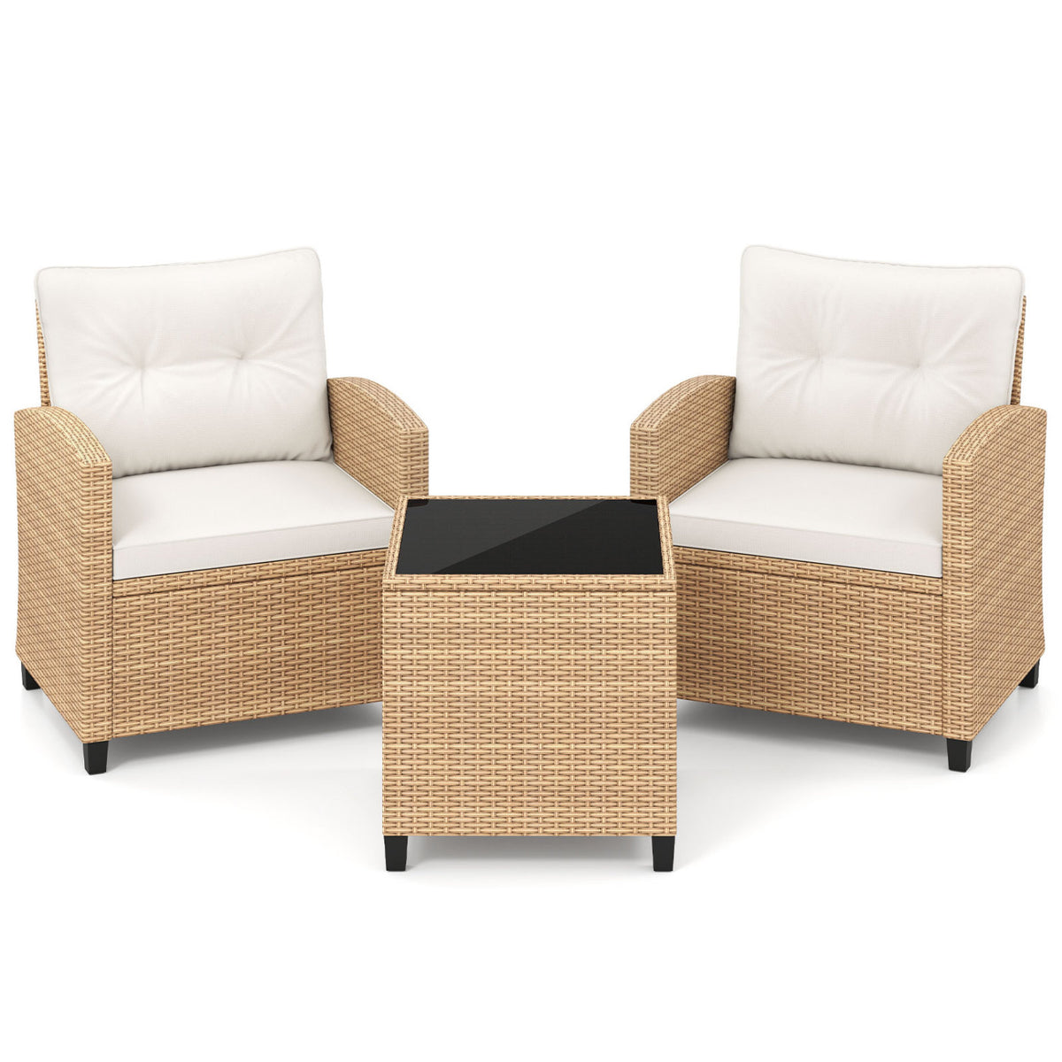 3 Pieces Patio Furniture Set with Tempered Glass Coffee Table-Tan White