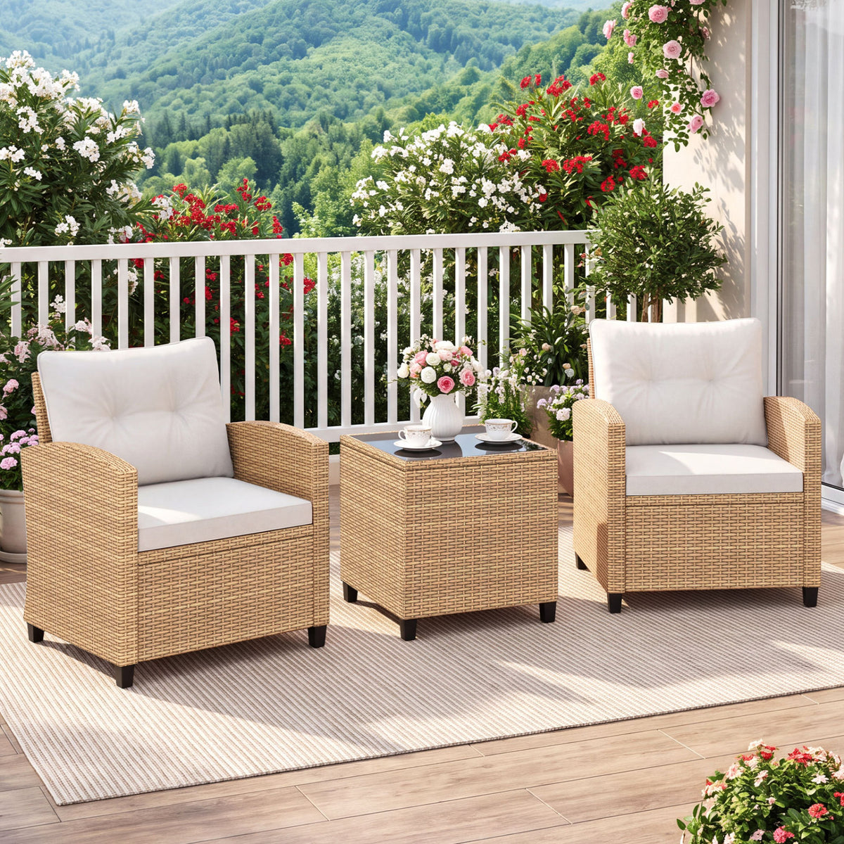 3 Pieces Patio Furniture Set with Tempered Glass Coffee Table-Tan White view 2