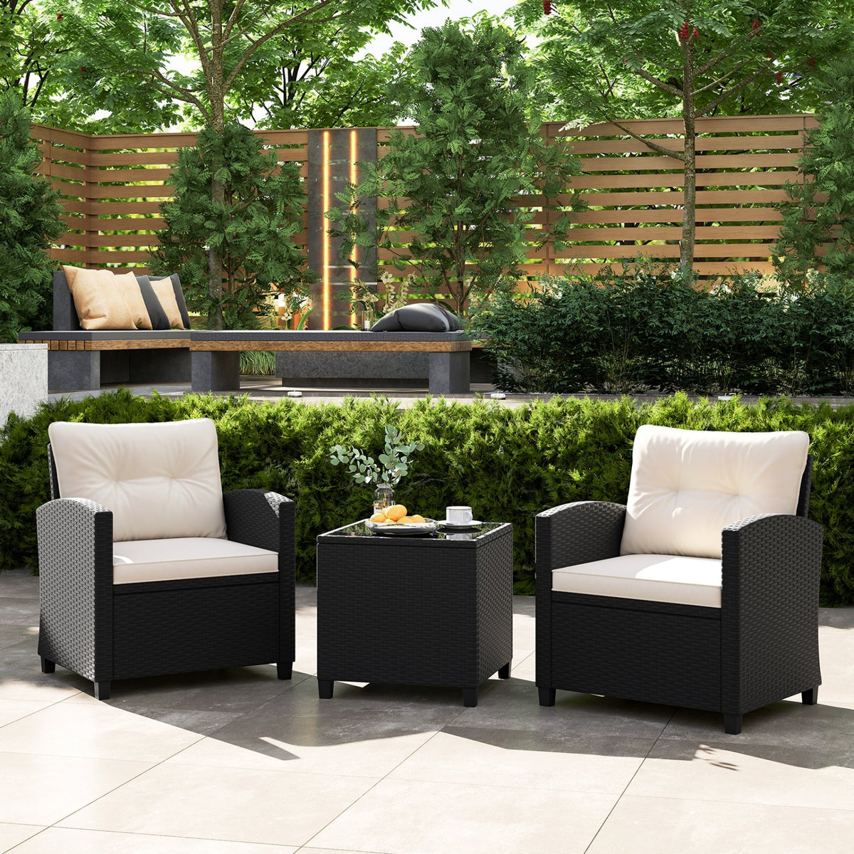 3 Pieces Patio Furniture Set with Tempered Glass Coffee Table-White view 2