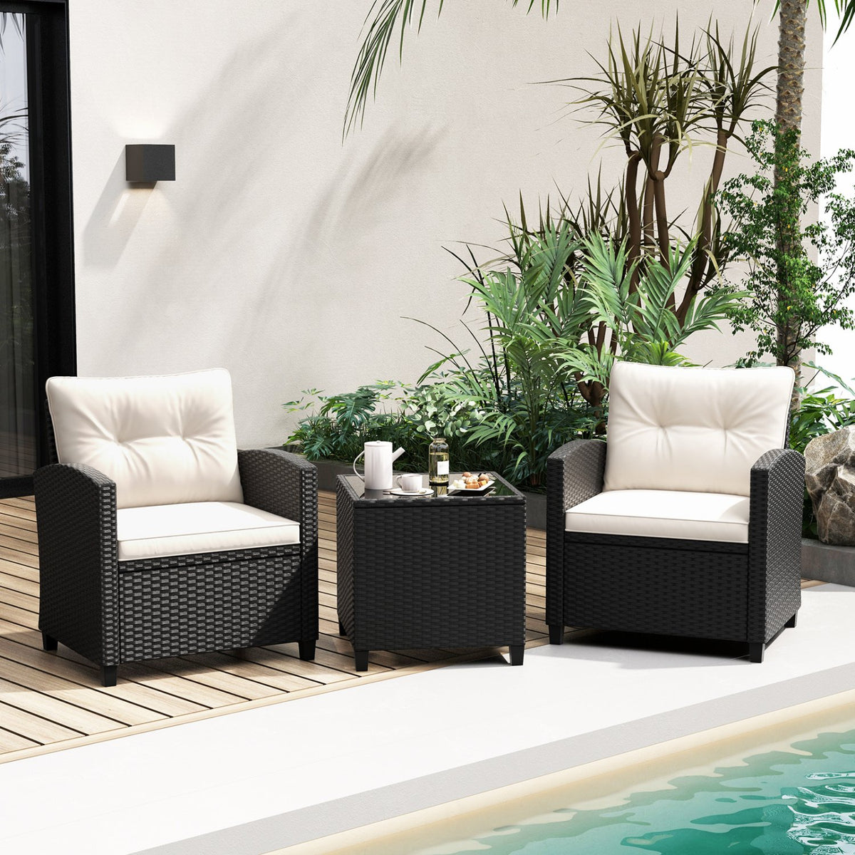 3 Pieces Patio Furniture Set with Tempered Glass Coffee Table-White view 3