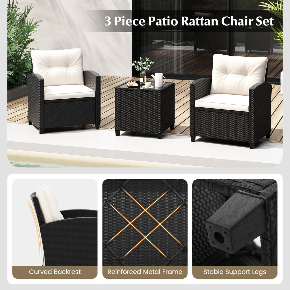 3 Pieces Patio Furniture Set with Tempered Glass Coffee Table-White view 9