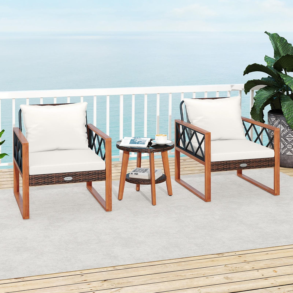 3 Pieces Patio Furniture Set with Tempered Glass Top Table and Soft Cushions-Off White view 3
