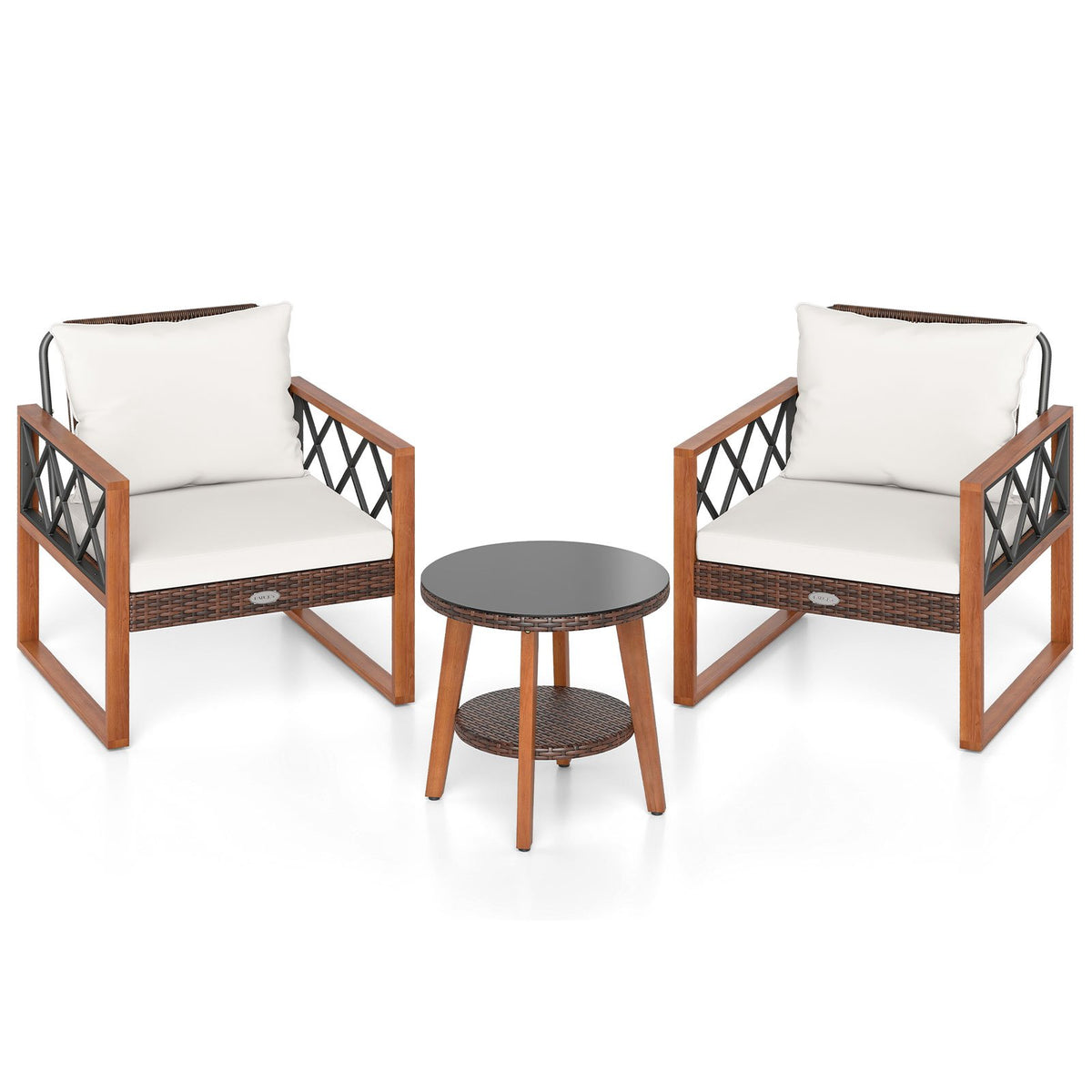 3 Pieces Patio Furniture Set with Tempered Glass Top Table and Soft Cushions-Off White view 4