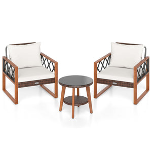 3 Pieces Patio Furniture Set with Tempered Glass Top Table and Soft Cushions-Off White view 4