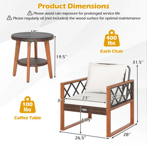 3 Pieces Patio Furniture Set with Tempered Glass Top Table and Soft Cushions-Off White view 5