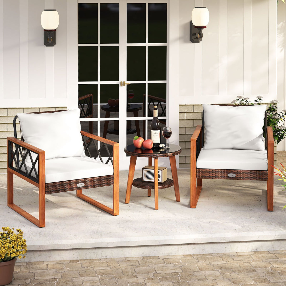 3 Pieces Patio Furniture Set with Tempered Glass Top Table and Soft Cushions-Off White view 6
