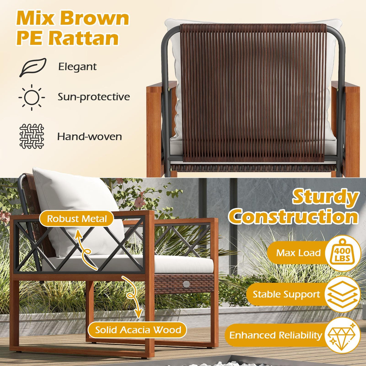 3 Pieces Patio Furniture Set with Tempered Glass Top Table and Soft Cushions-Off White view 7