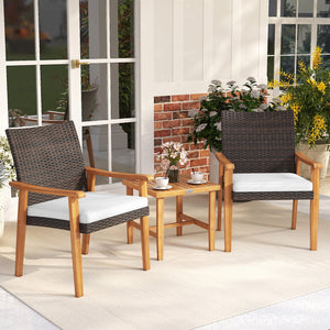 3 Pieces Patio PE Wicker Furniture Set Acacia Wood Outdoor Conversation Bistro Set-White view 2