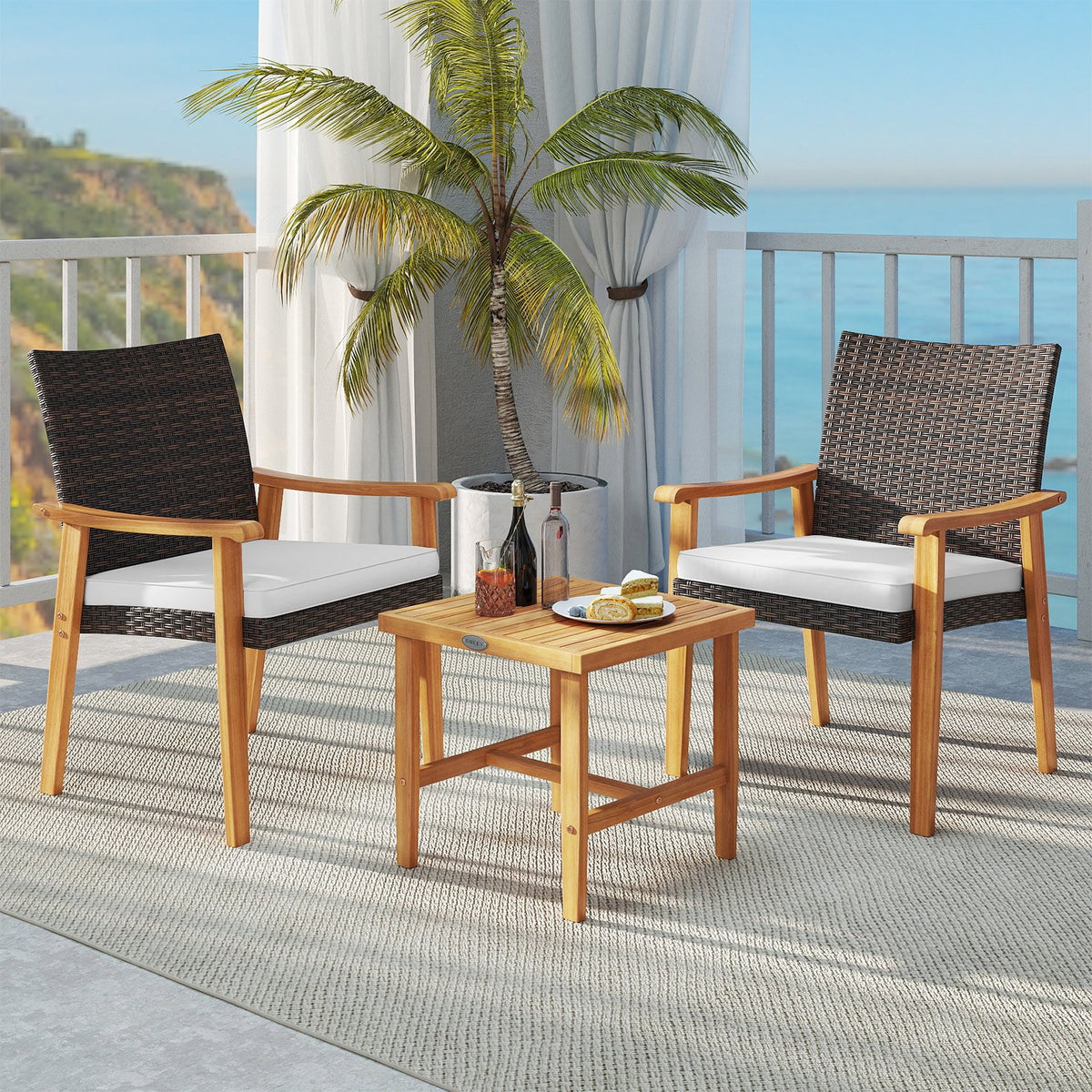 3 Pieces Patio PE Wicker Furniture Set Acacia Wood Outdoor Conversation Bistro Set-White view 3