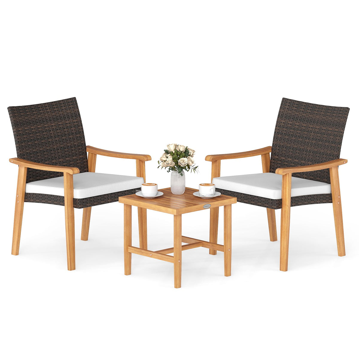 3 Pieces Patio PE Wicker Furniture Set Acacia Wood Outdoor Conversation Bistro Set-White view 4