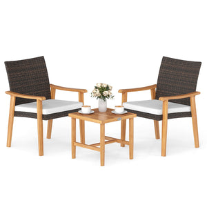 3 Pieces Patio PE Wicker Furniture Set Acacia Wood Outdoor Conversation Bistro Set-White view 4