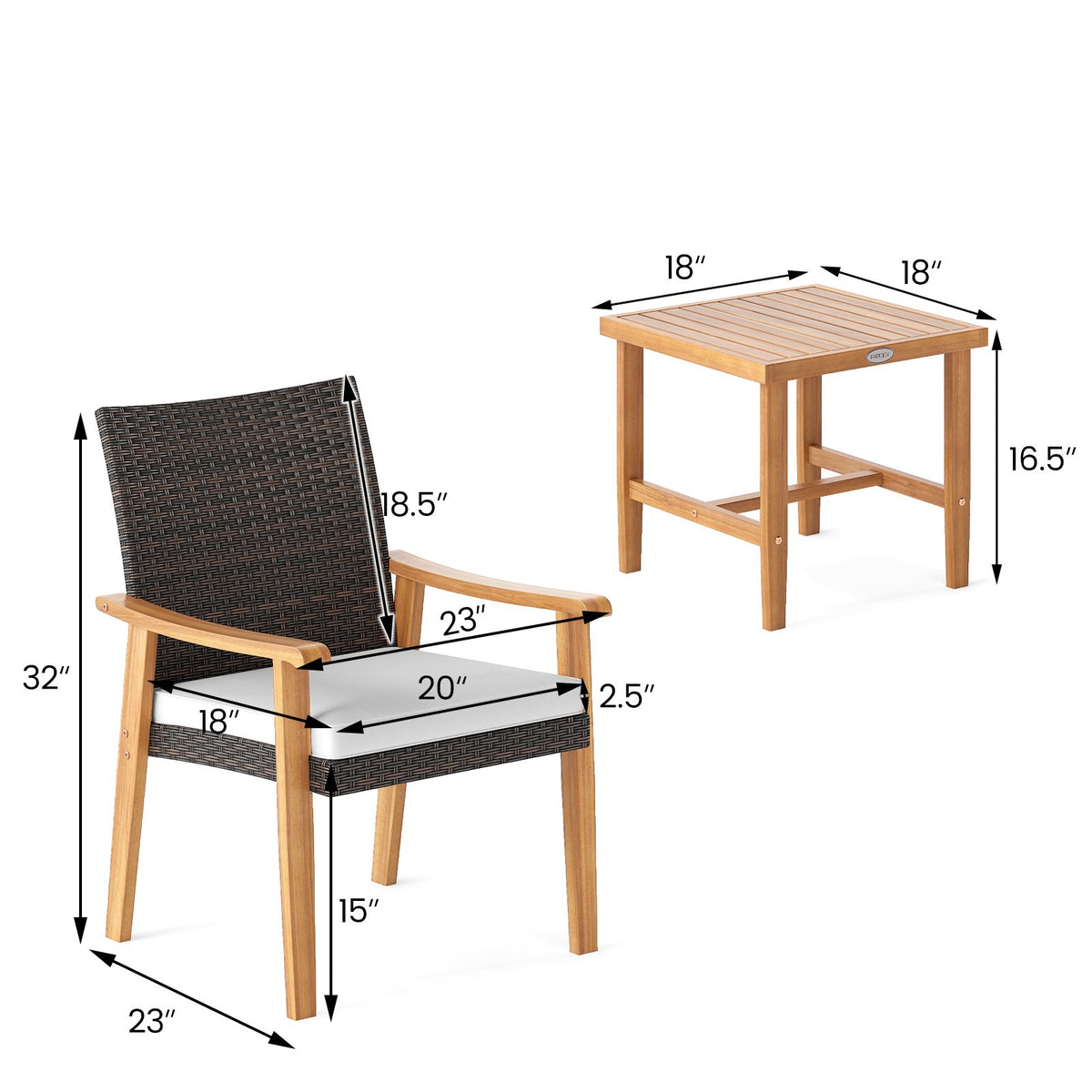 3 Pieces Patio PE Wicker Furniture Set Acacia Wood Outdoor Conversation Bistro Set-White view 5