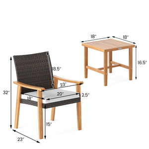 3 Pieces Patio PE Wicker Furniture Set Acacia Wood Outdoor Conversation Bistro Set-White view 5