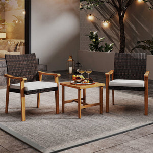 3 Pieces Patio PE Wicker Furniture Set Acacia Wood Outdoor Conversation Bistro Set-White view 6