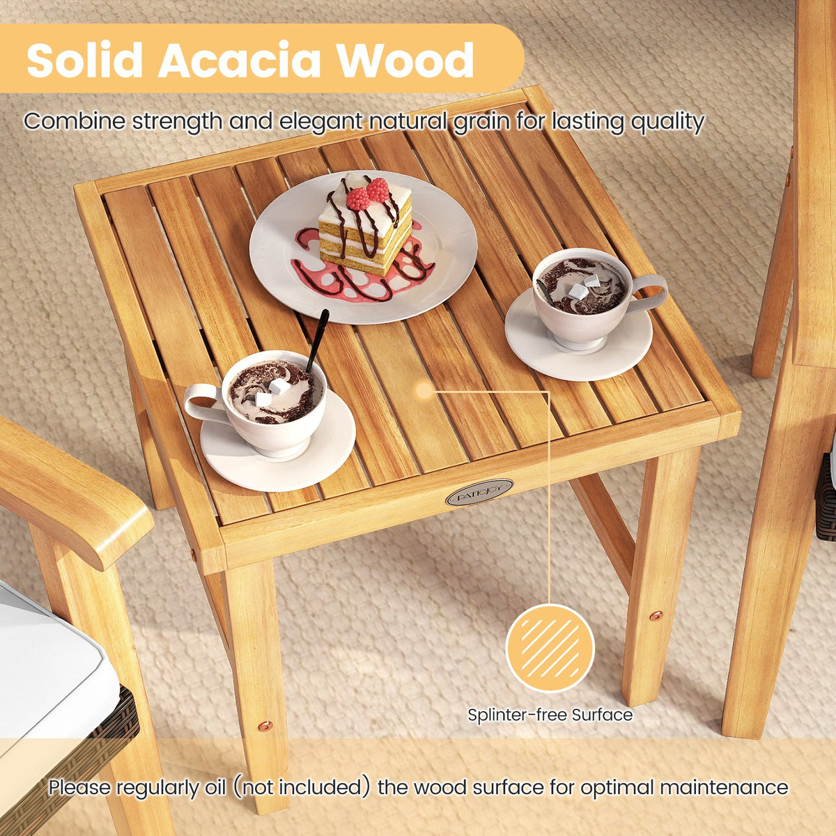 3 Pieces Patio PE Wicker Furniture Set Acacia Wood Outdoor Conversation Bistro Set-White view 7