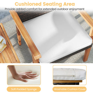 3 Pieces Patio PE Wicker Furniture Set Acacia Wood Outdoor Conversation Bistro Set-White view 9