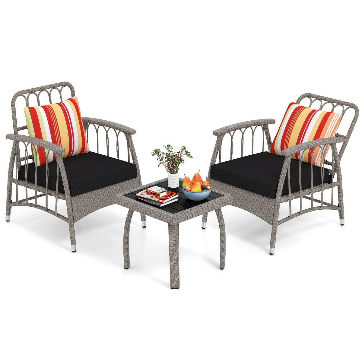 3 Pieces Patio PE Wicker Furniture Set with 5-Level Adjustable Backrest-Gray view 4