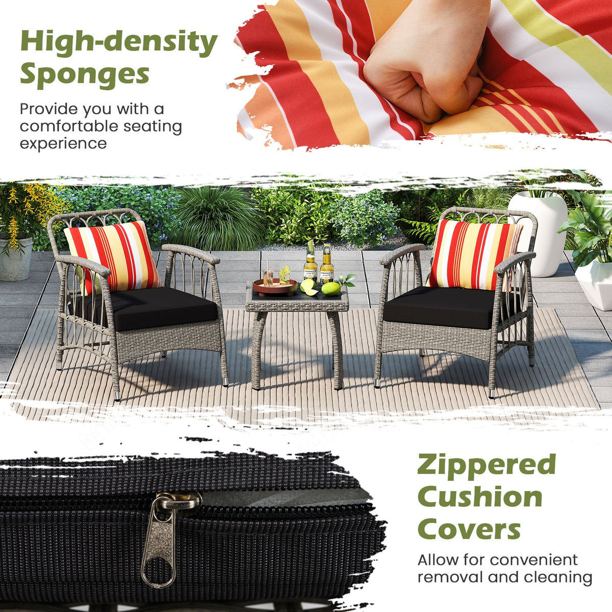 3 Pieces Patio PE Wicker Furniture Set with 5-Level Adjustable Backrest-Gray view 7
