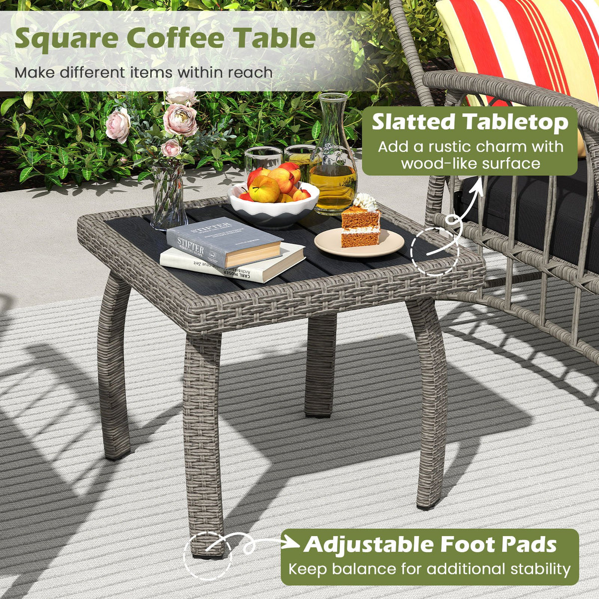 3 Pieces Patio PE Wicker Furniture Set with 5-Level Adjustable Backrest-Gray view 8