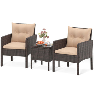 3 Pieces Patio PE Wicker Furniture Set with Cushions, for Porch and Balcony-Beige